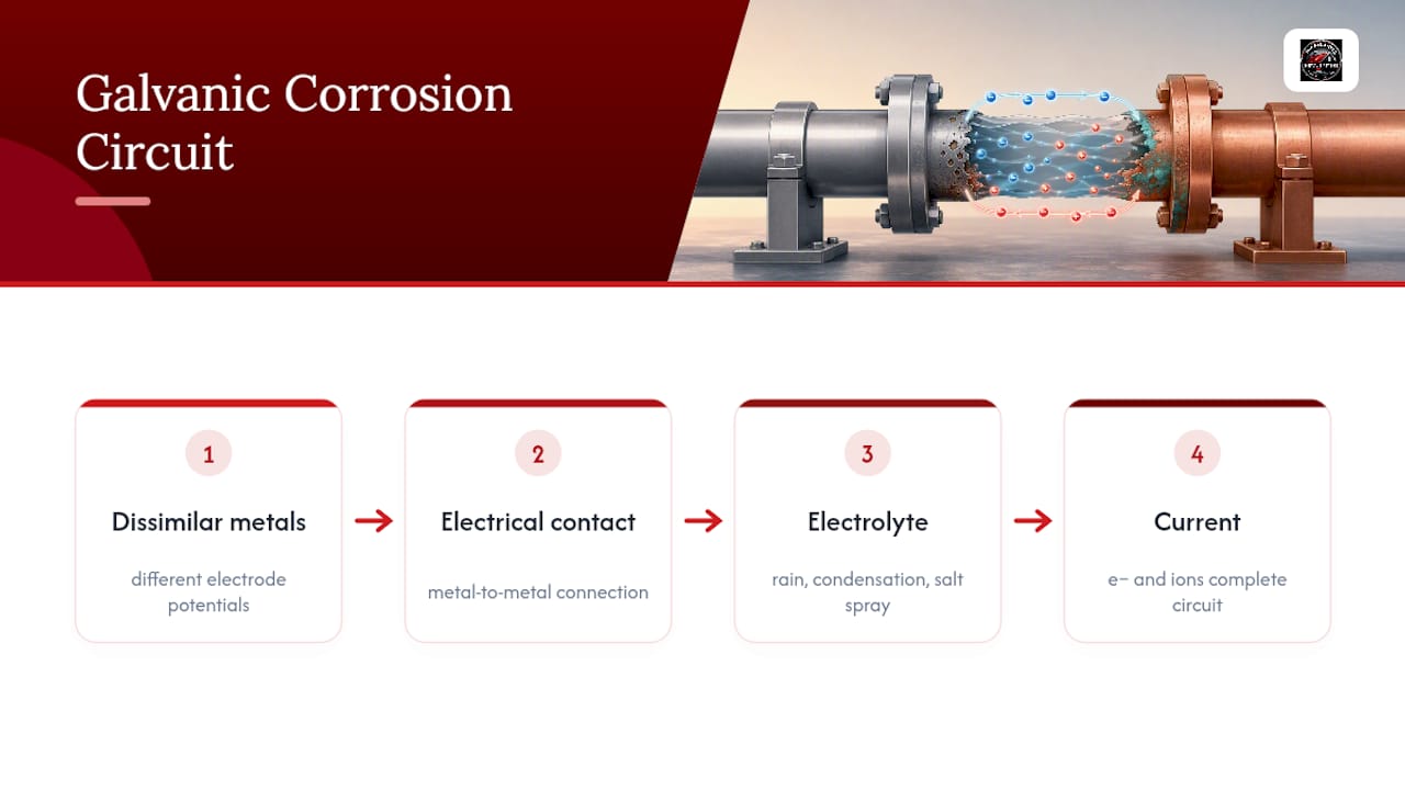 Galvanic corrosion circuit and three required conditions