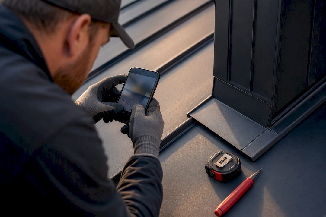 Contractor photographing roof flashing detail