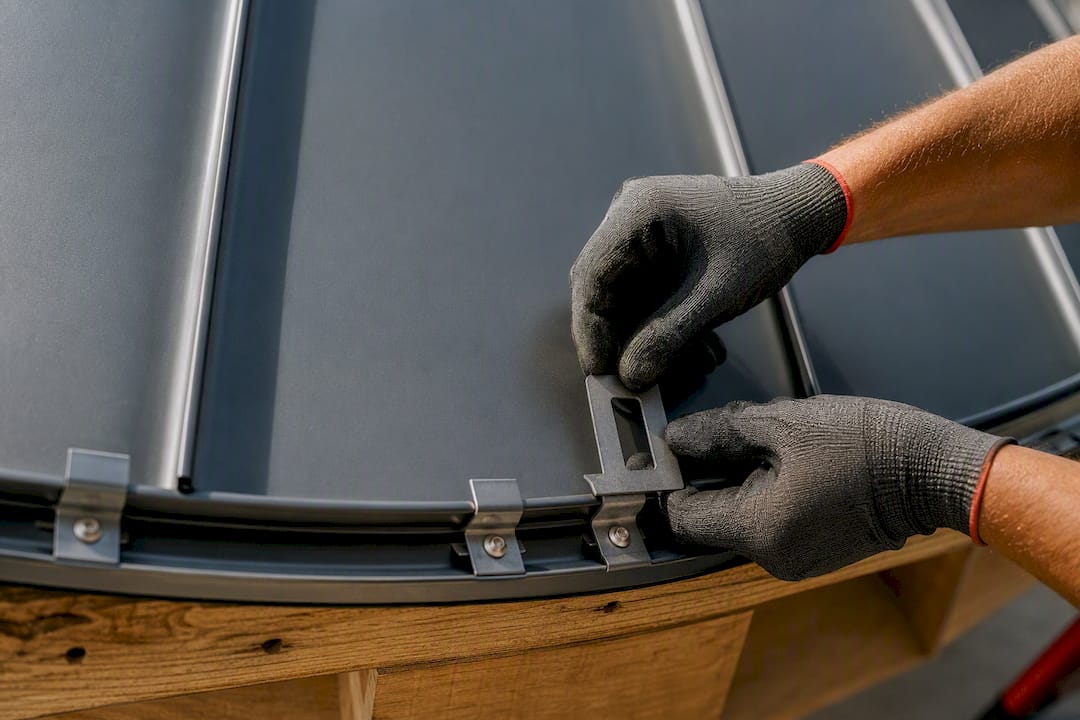 Worker checking clip spacing on curved seam
