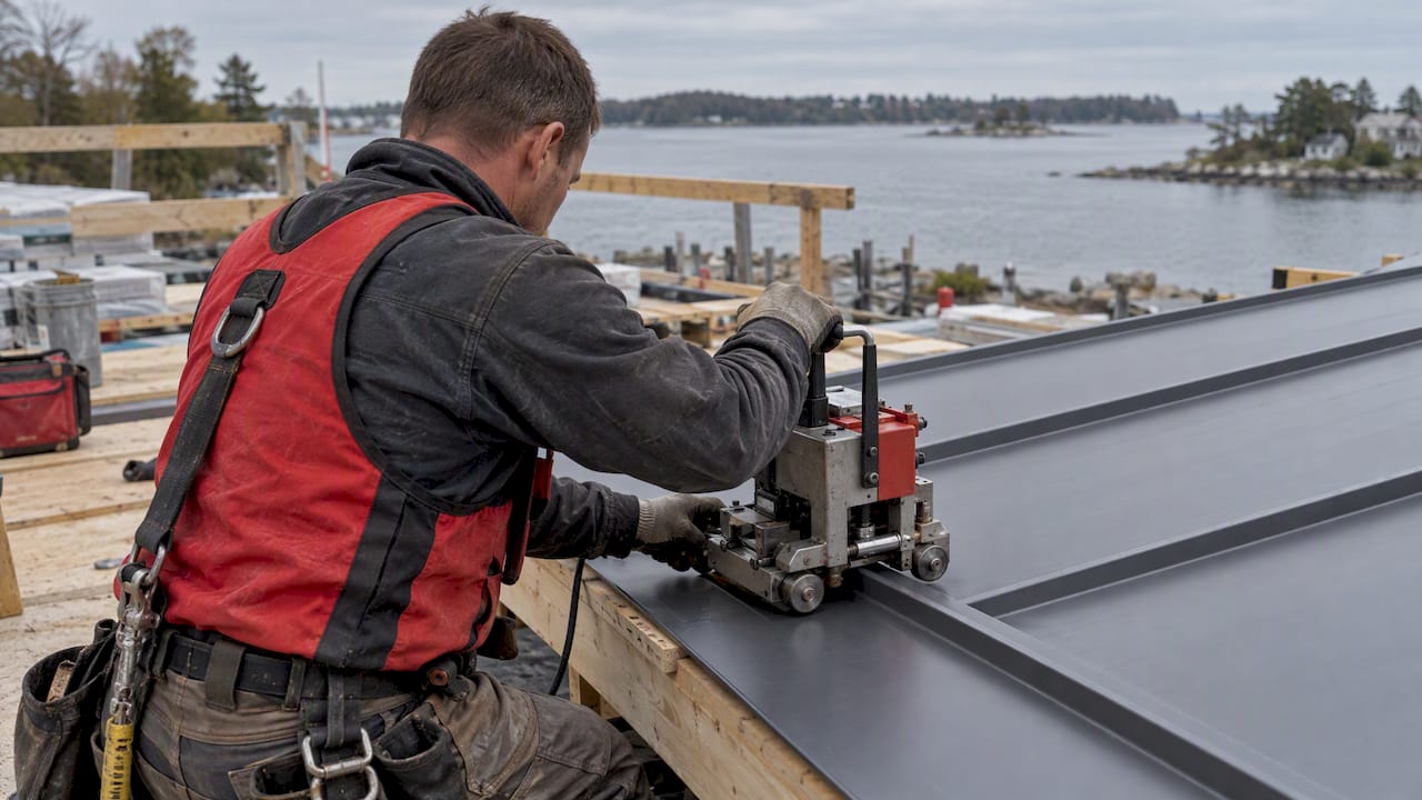 Installer calibrating a powered seam seamer