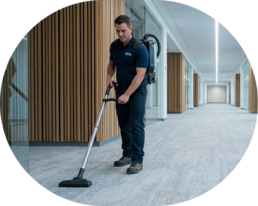 Technician vacuuming a carpeted hallway with a backpack vacuum