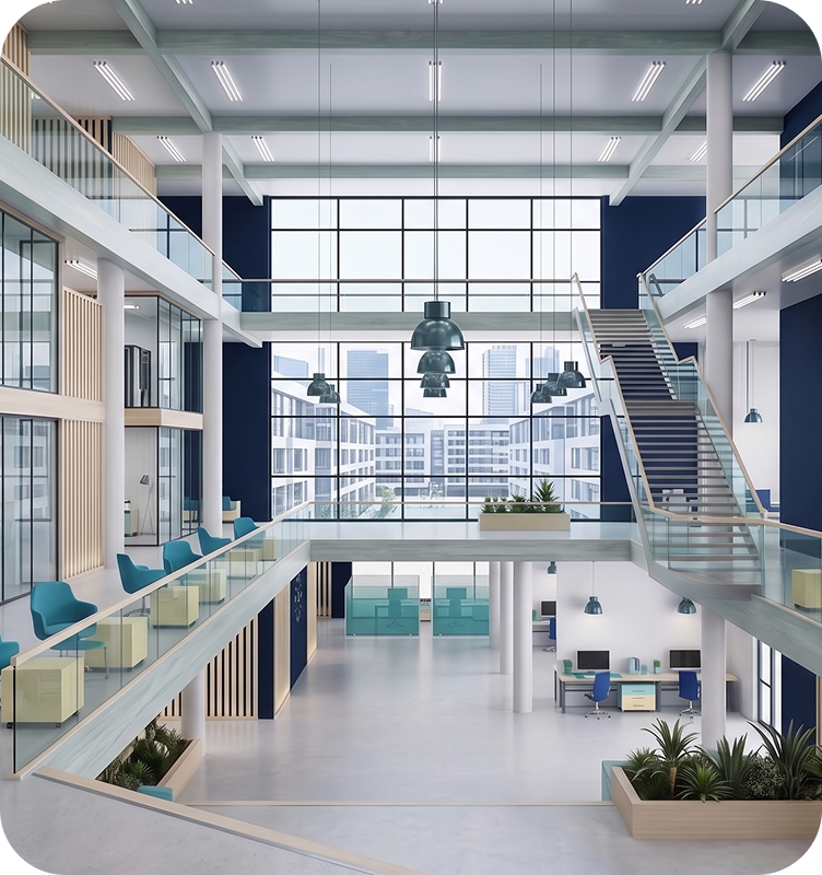 Modern multi-story office atrium with staircase and open workspace