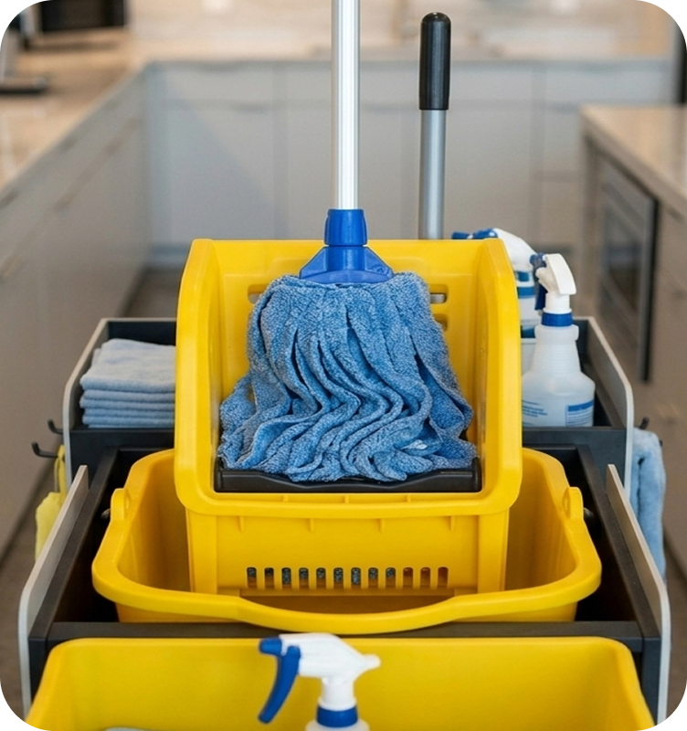 Yellow janitorial cart stocked with mop, bucket, and cleaning supplies