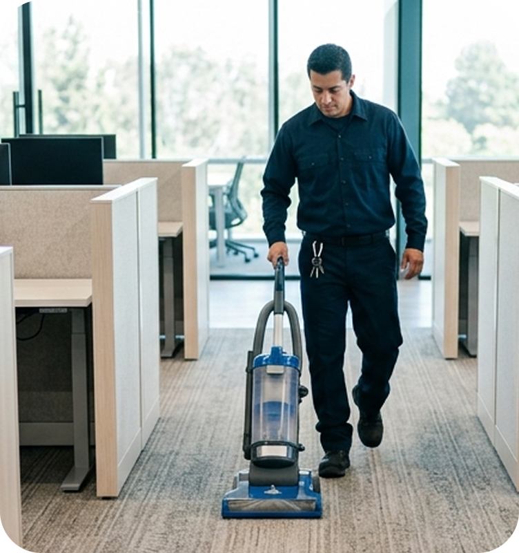 Technician vacuuming an office floor between cubicles