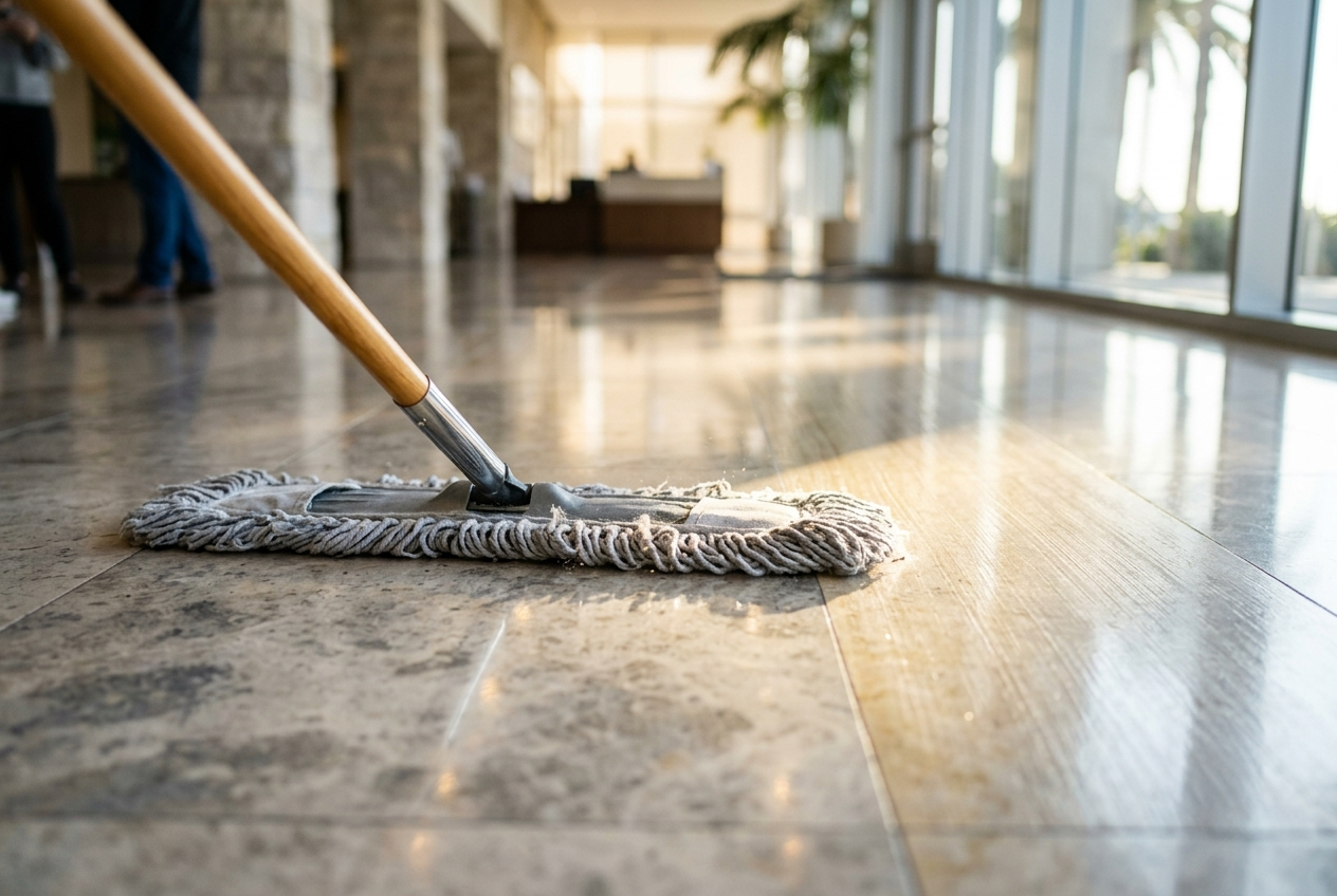 Close-up of WestCore Facility Services cleaning work at a commercial space