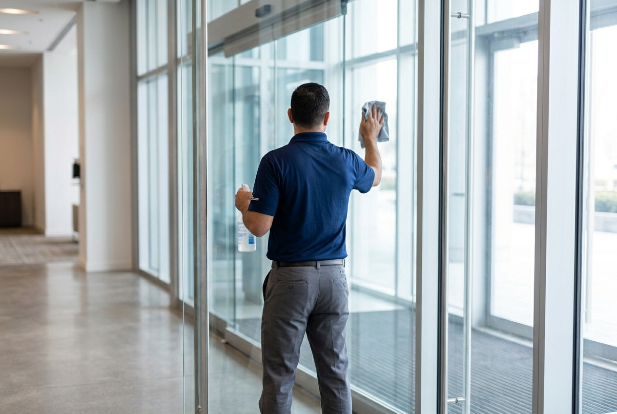 WestCore Facility Services technician spot-cleaning a surface