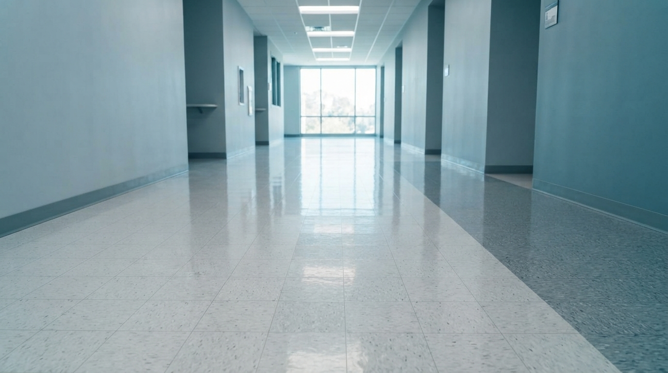 Glossy, freshly stripped-and-waxed commercial floor