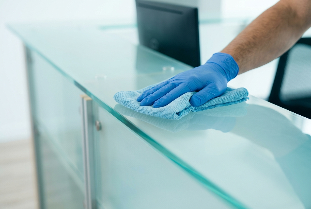 Close-up of a WestCore worker wiping and sanitizing a high-touch surface