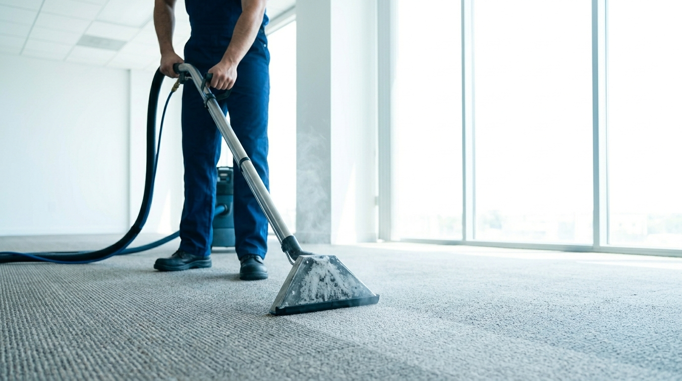 WestCore technician deep-cleaning commercial carpet with an extraction machine