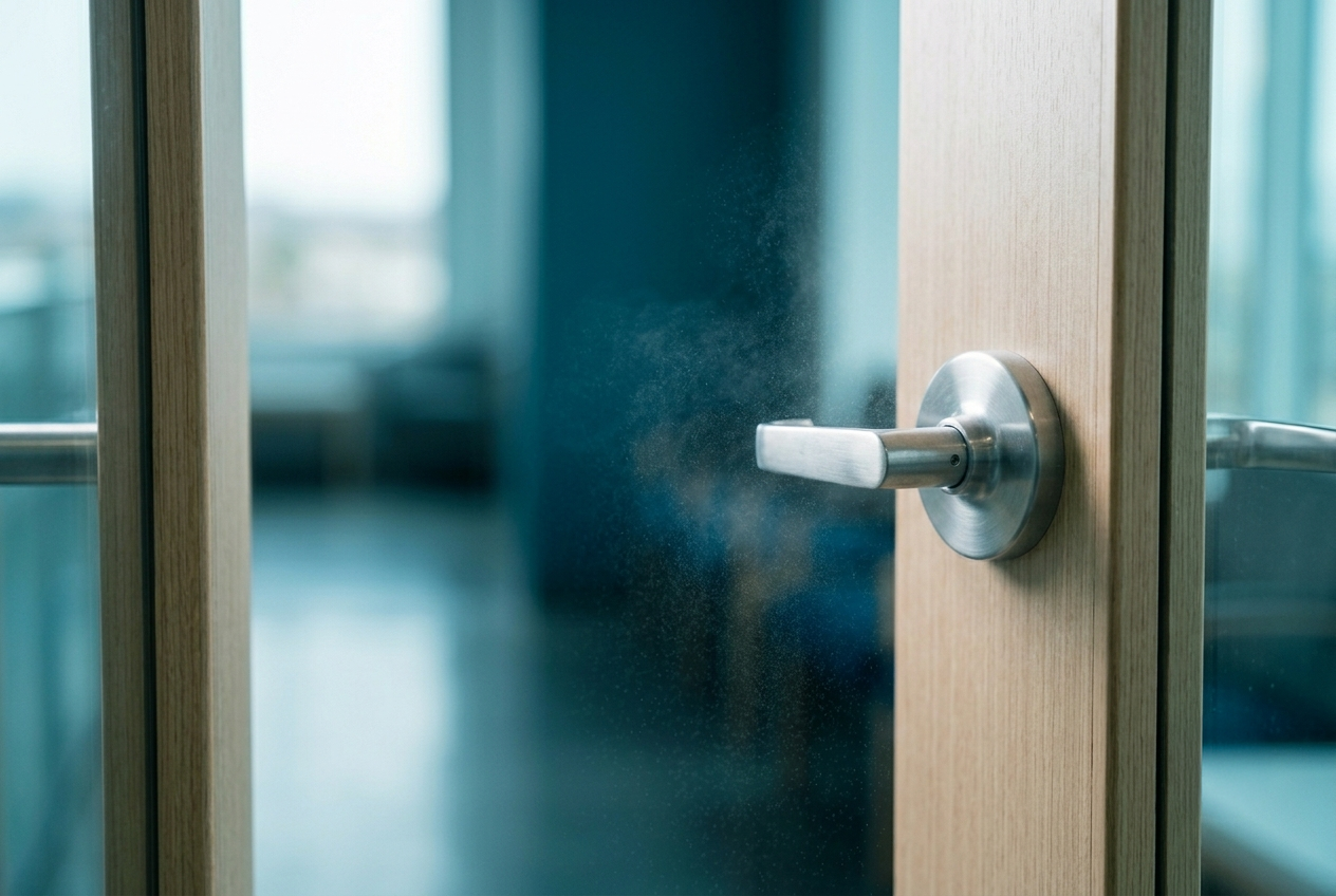 Close-up of EPA-registered disinfectant being applied to a door handle