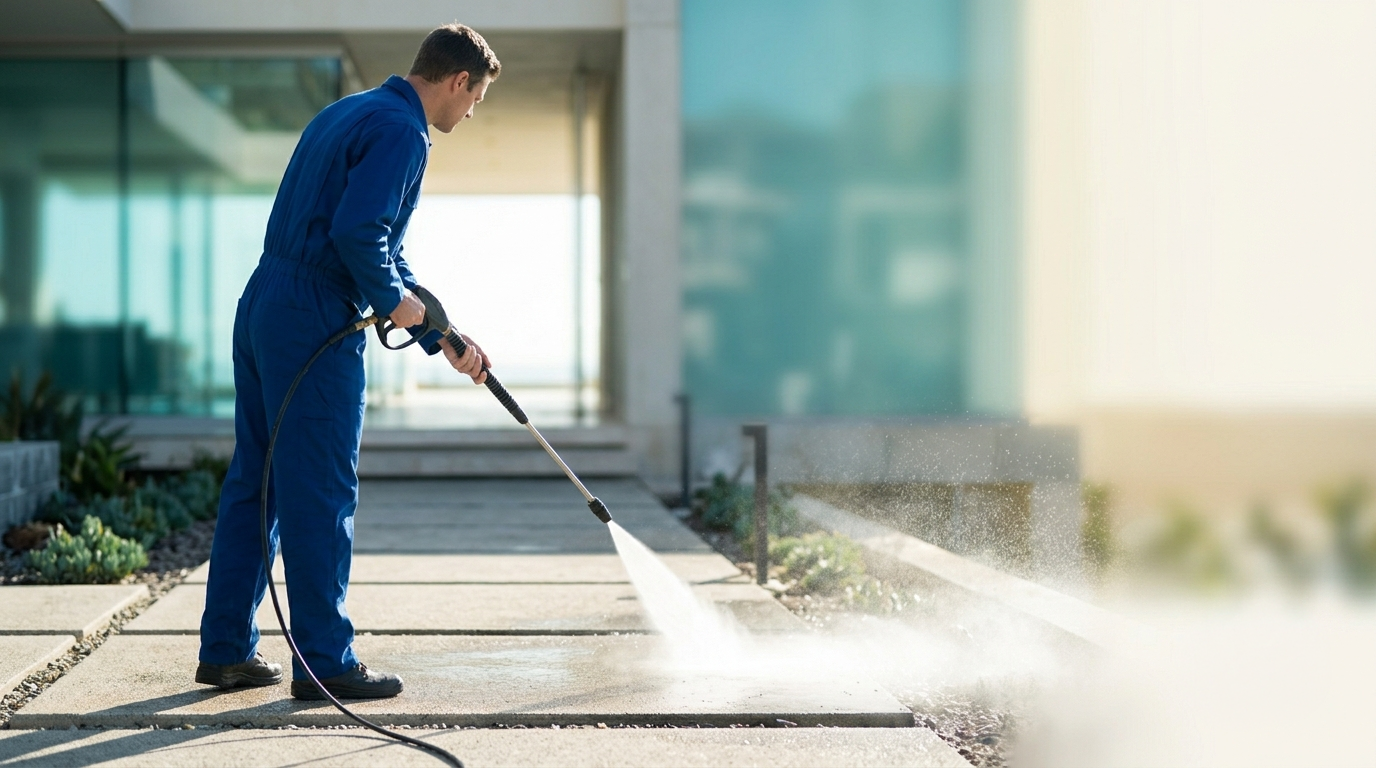 WestCore pressure washing the exterior of a commercial building