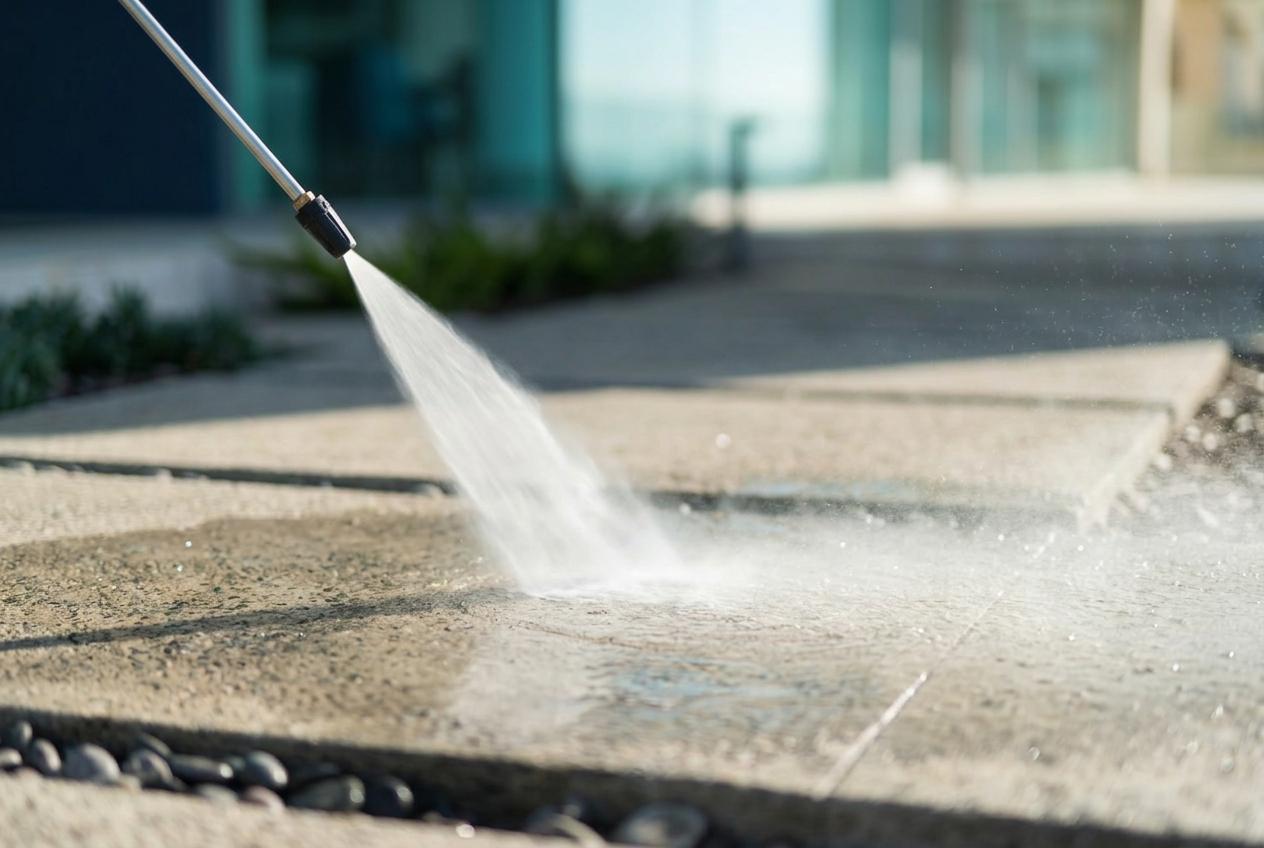 Close-up of a pressure washer removing grime from a sidewalk
