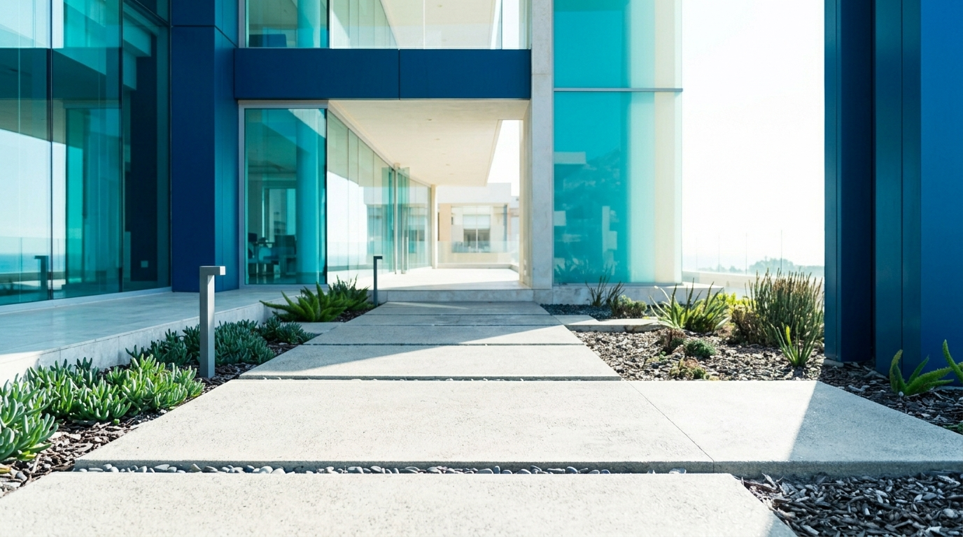 Clean building exterior and walkway after pressure washing