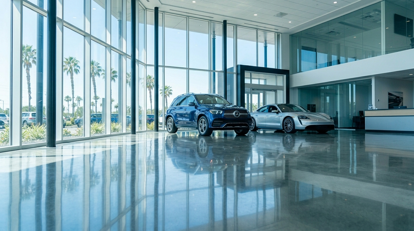 Gleaming dealership showroom floor and clean glass