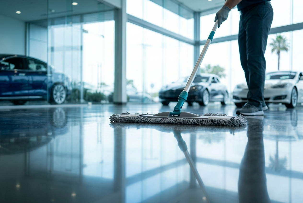 Close-up of a polished dealership showroom floor