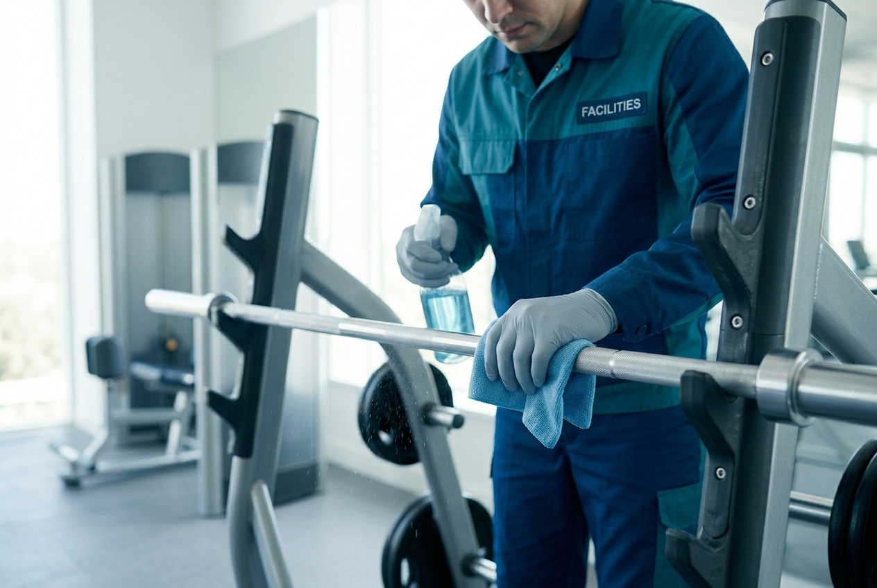 Disinfected fitness center with clean equipment
