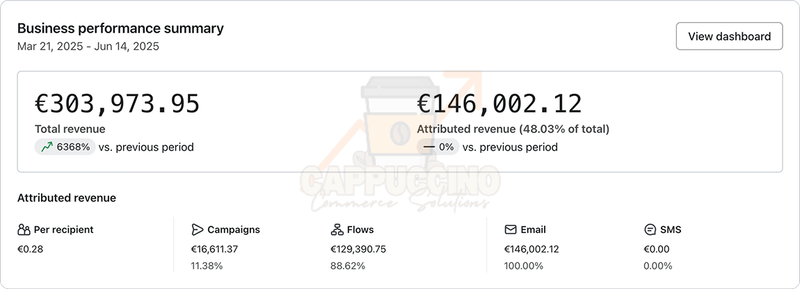 Dashboard Klaviyo: +€146.000 generati dalle email