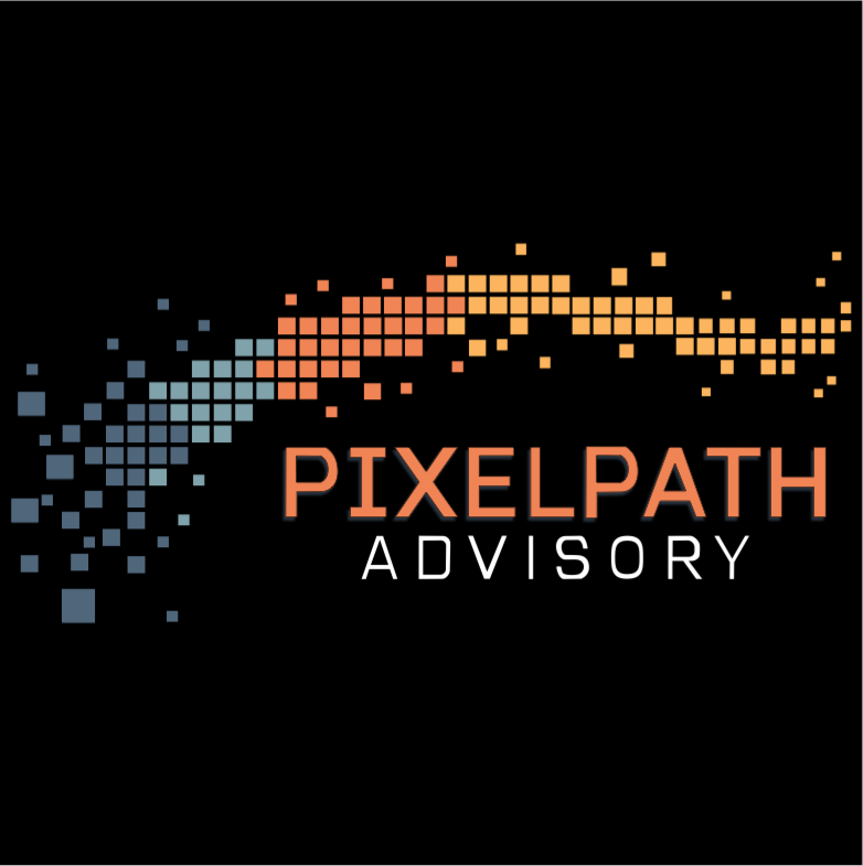 Pixelpath Advisory logo with blue and orange pixelated arrow design on black background
