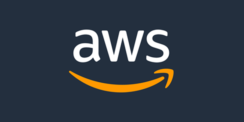 AWS logo with white text and orange arrow smile on dark blue background