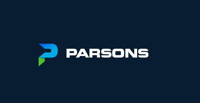 Parsons company logo with blue and green arrow symbol on dark background