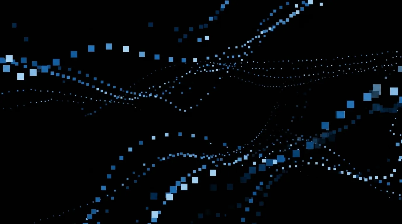 Abstract digital art with blue pixelated waves and scattered squares on black background