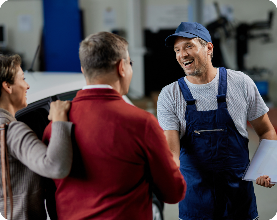 A worker talking with clients
