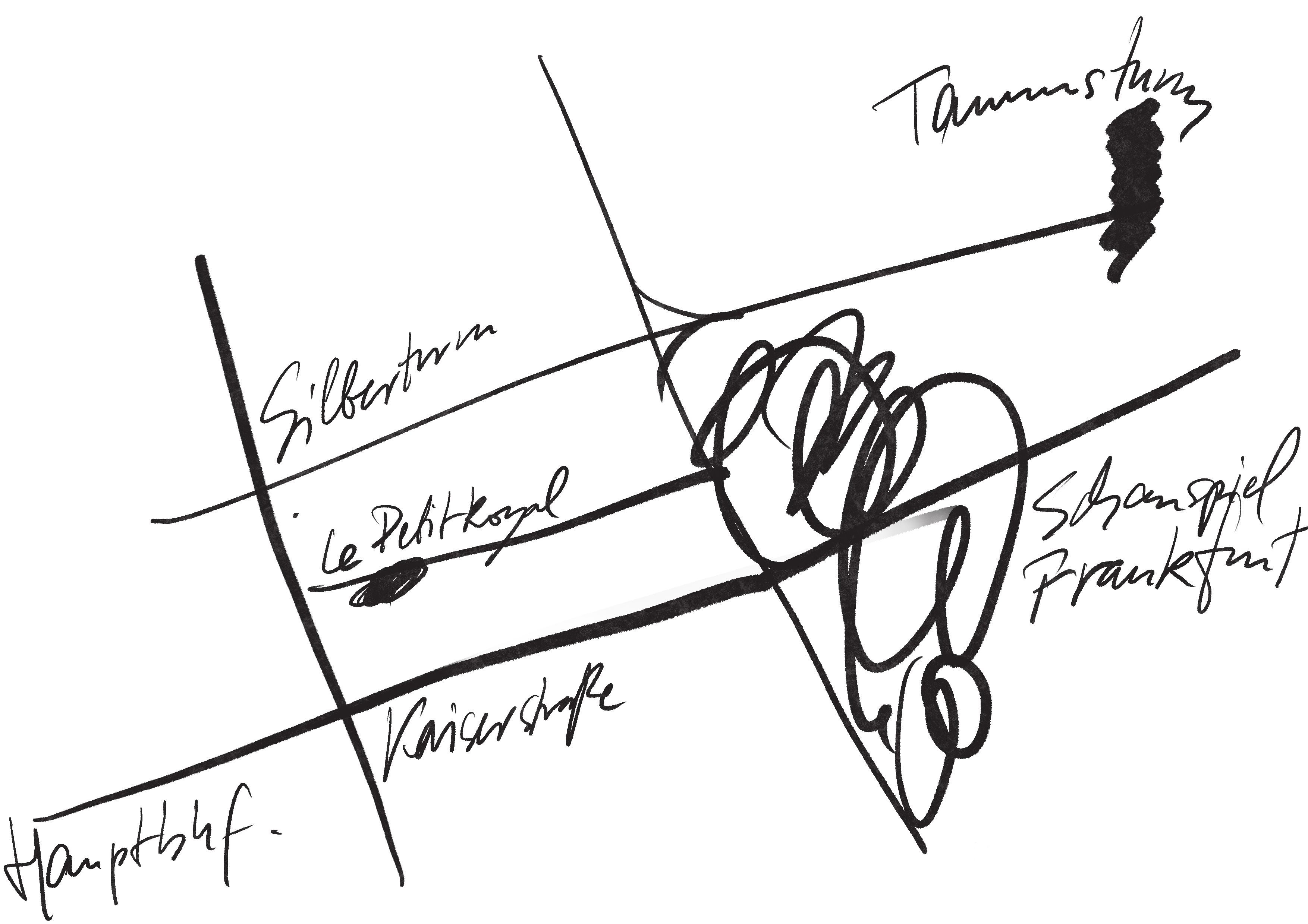 Handgezeichneter Lageplan des Le Petit Royal Frankfurt an der Kaiserstraße, nahe Hauptbahnhof und Silberturm