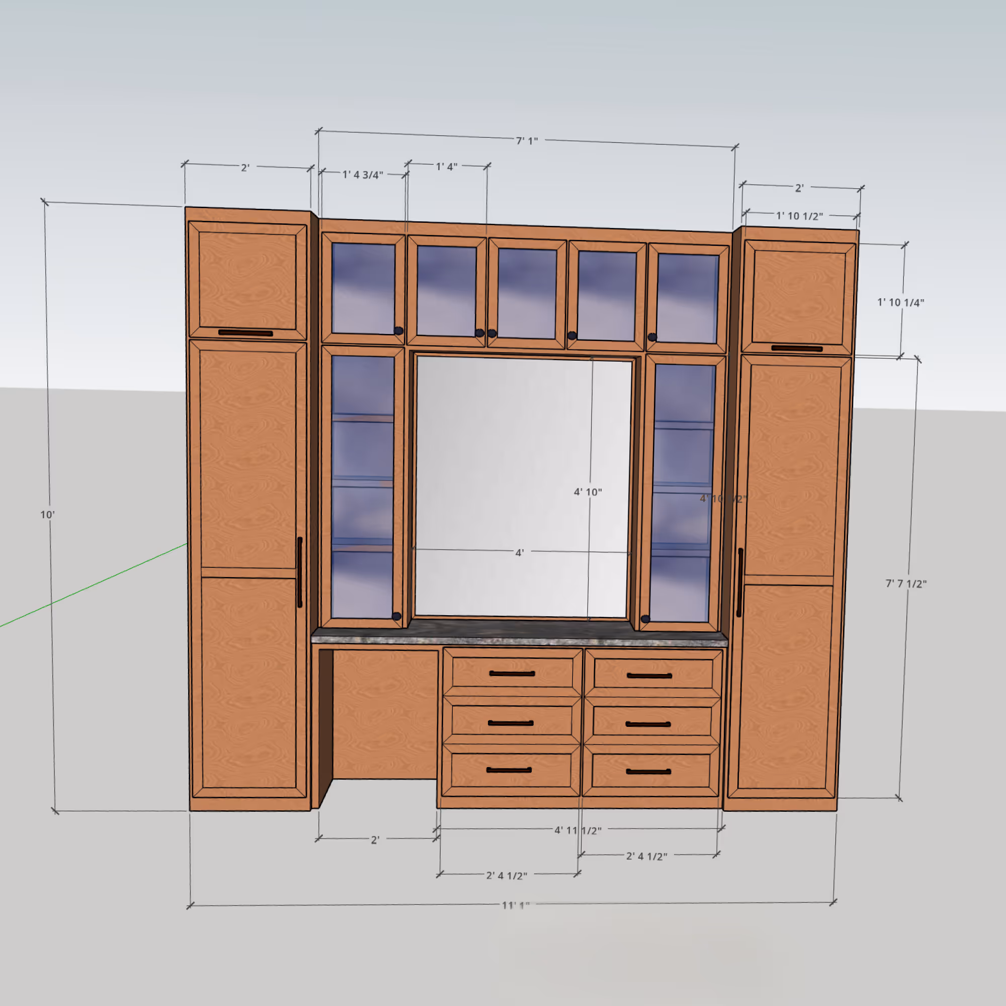 3D illustration of wooden cabinetry with drawers, shelves, glass doors, and dimensions labeled.