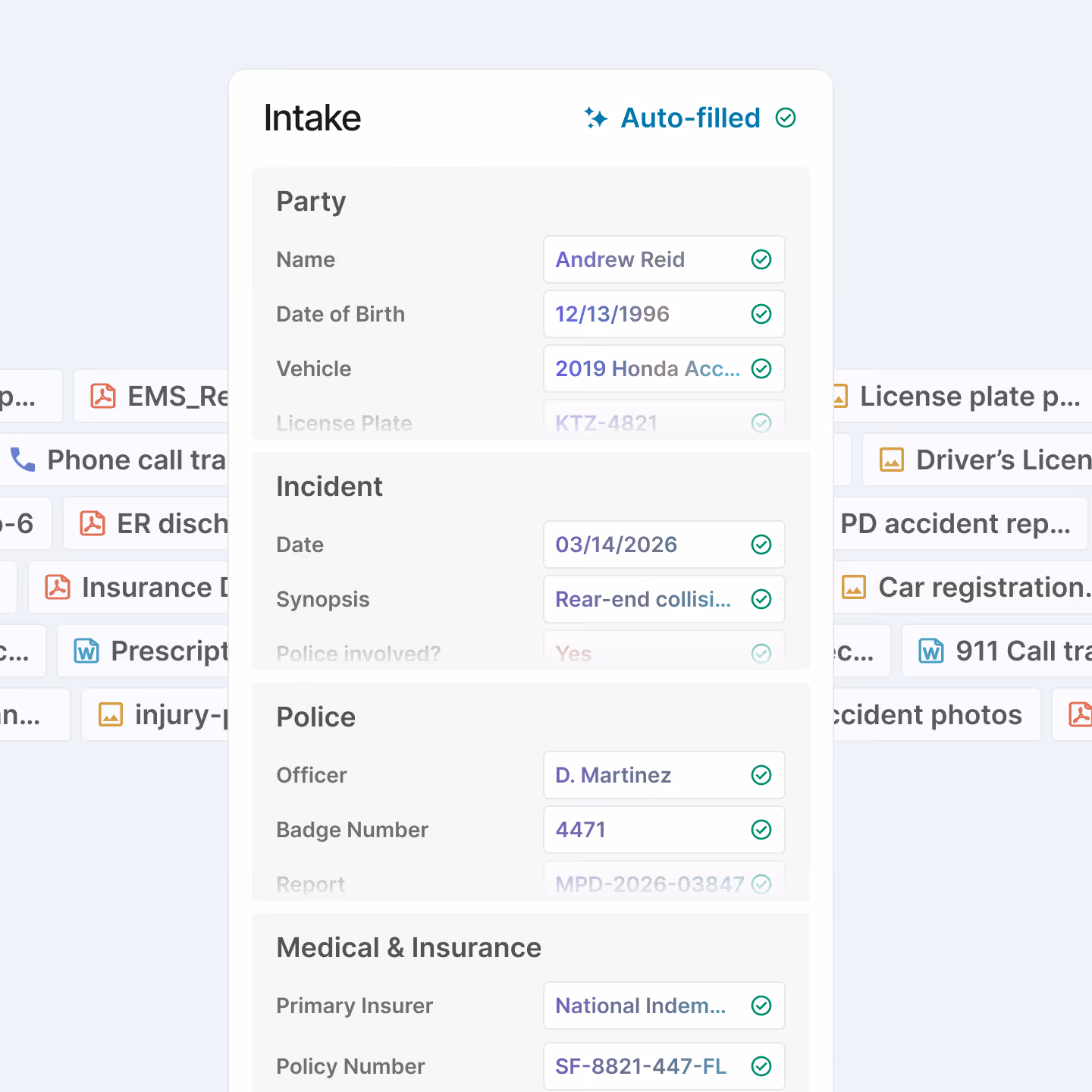 Auto-filled intake form showing party, incident, police, and insurance details for Andrew Reid.