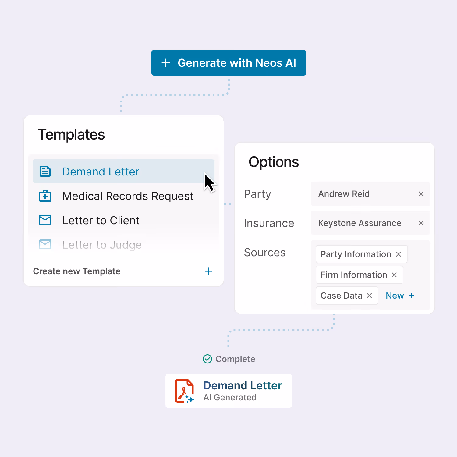 UI showing template selection for demand letter generation with a variety of options.