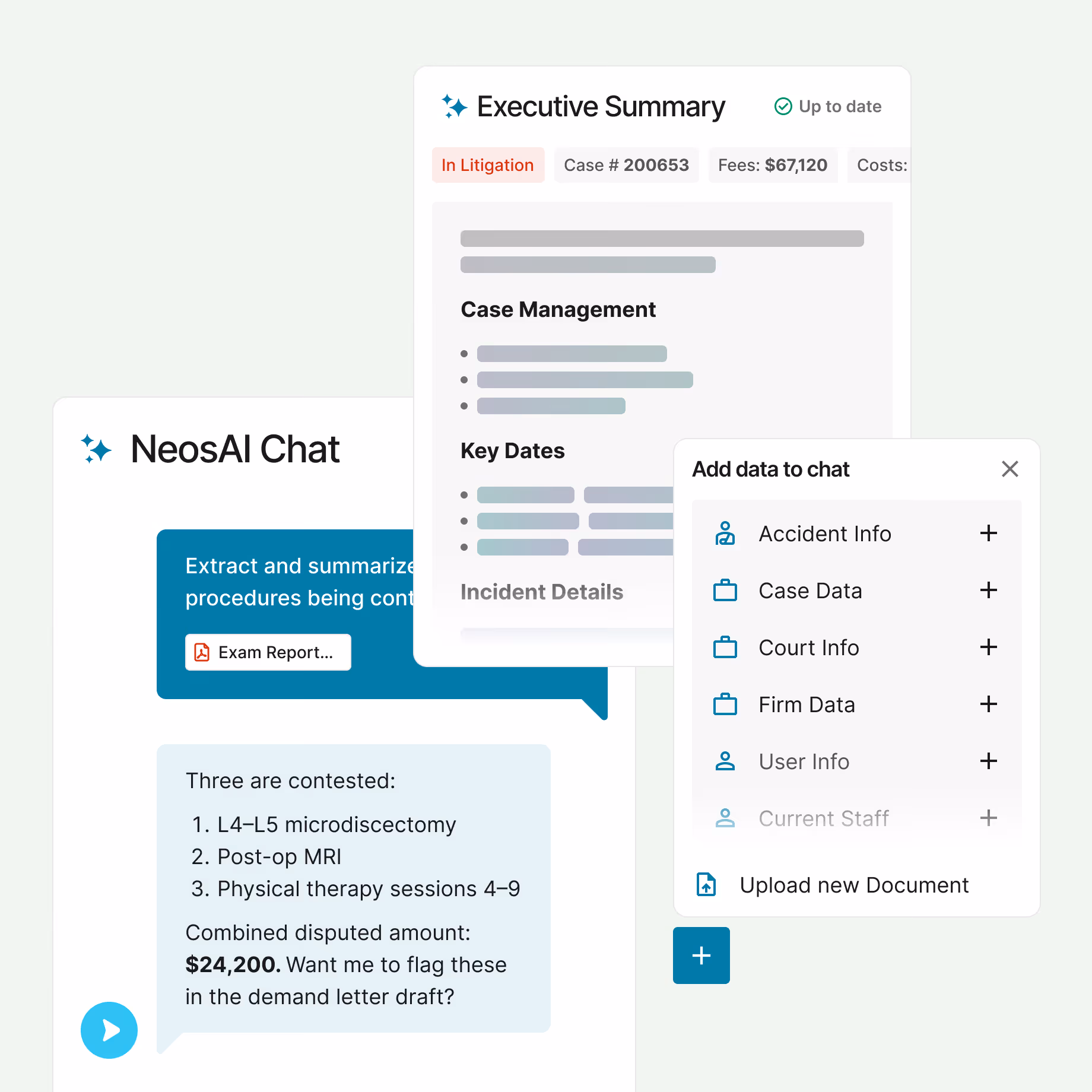 UI windows of NeosAI features, like Chat, generated executive summaries, and file upload.