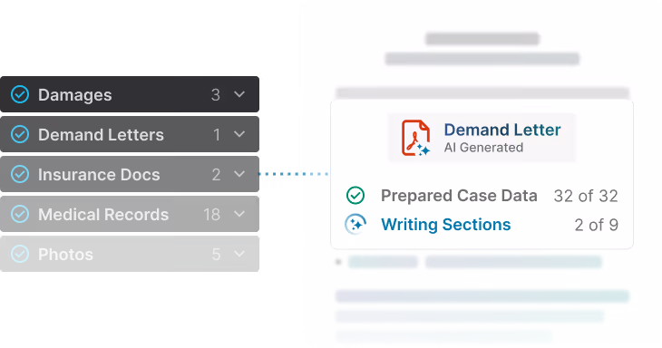 List of case documents being used to AI generate a Demand Letter.