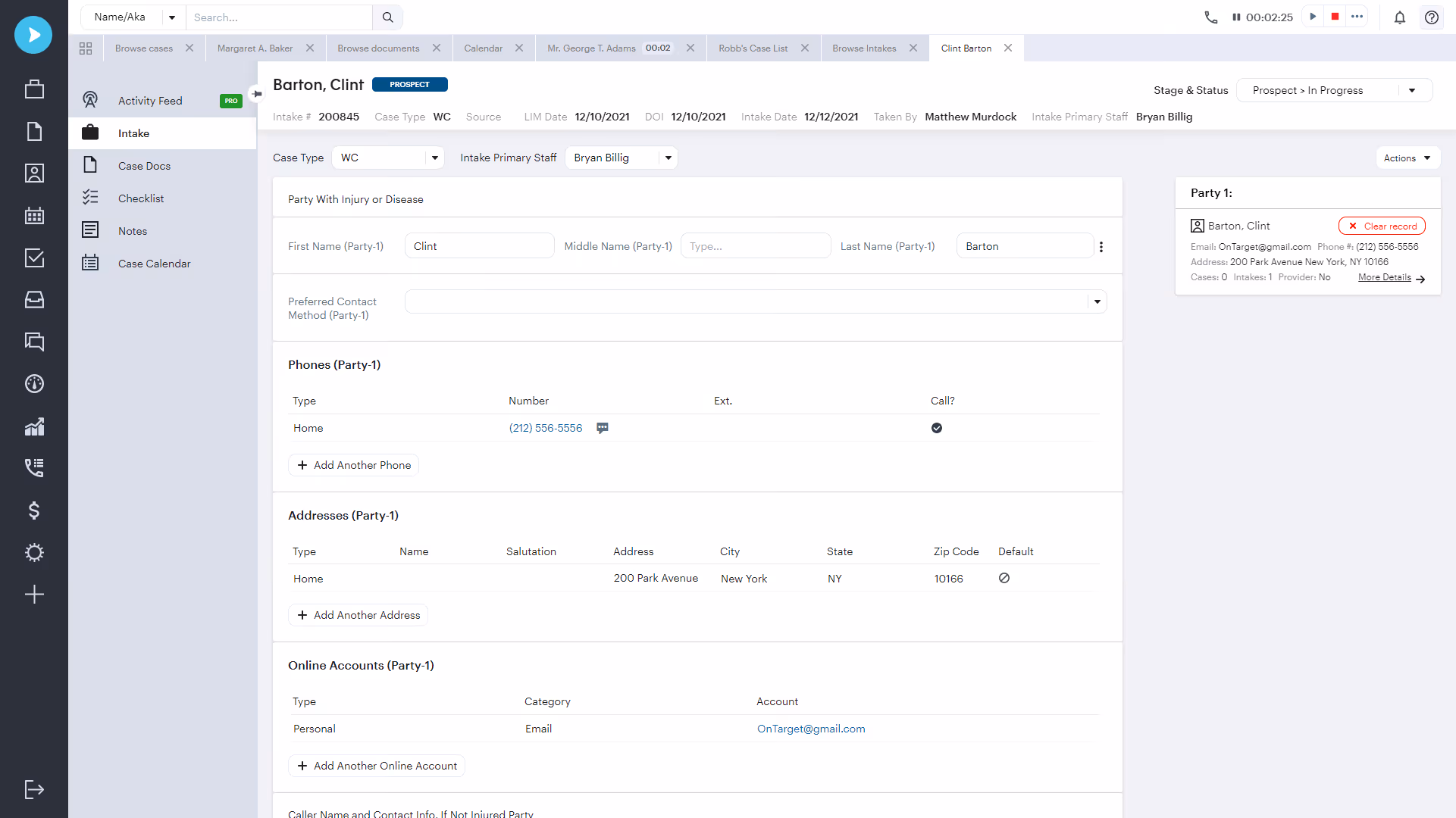 Legal intake form showing contact info, phone, address, and email on a case management dashboard.