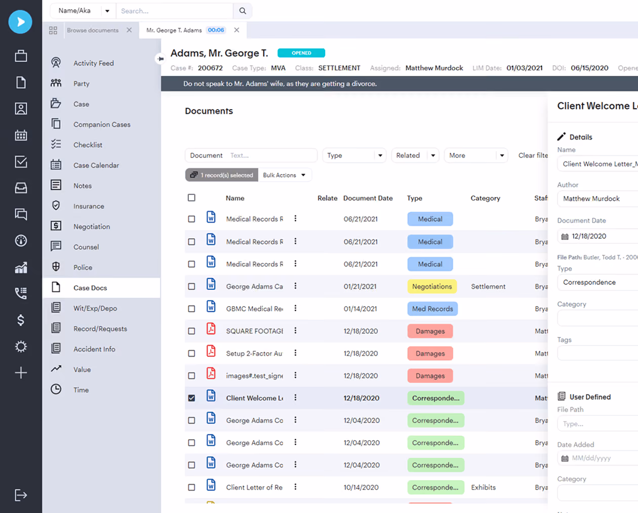 Neos interface showing a list of case documentation organized by date and category.