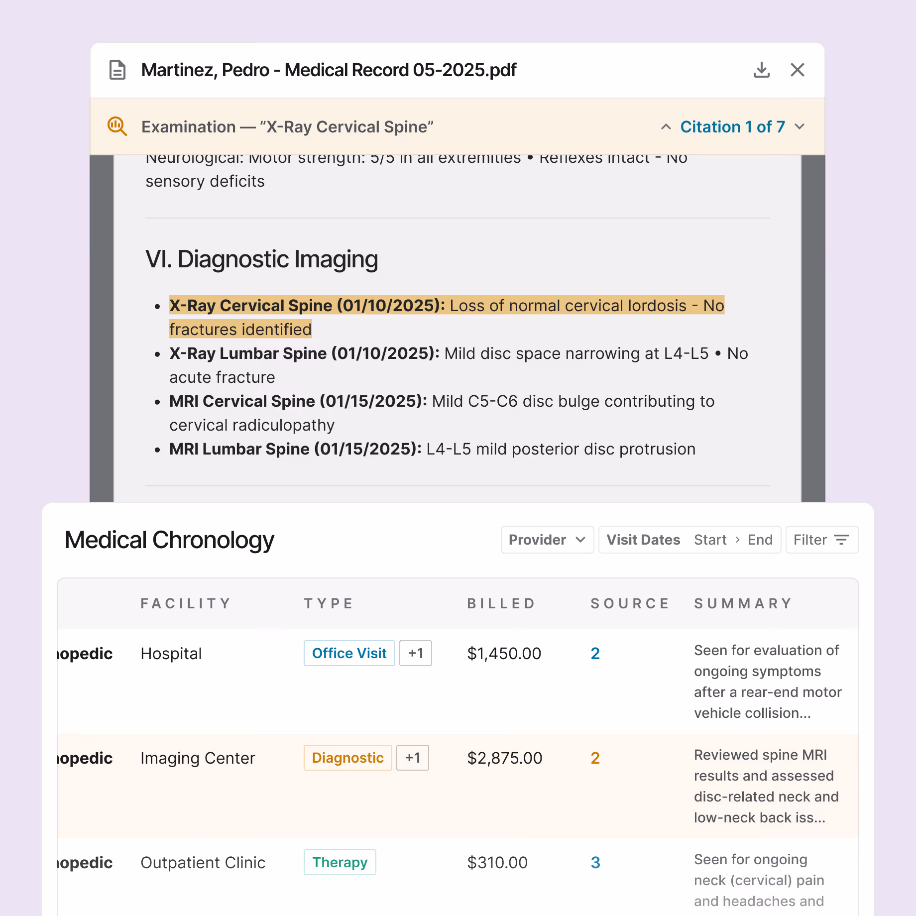 Highlight on medical record showing X-Ray Cervical Spine no fractures and a medical chronology table with visits and costs.