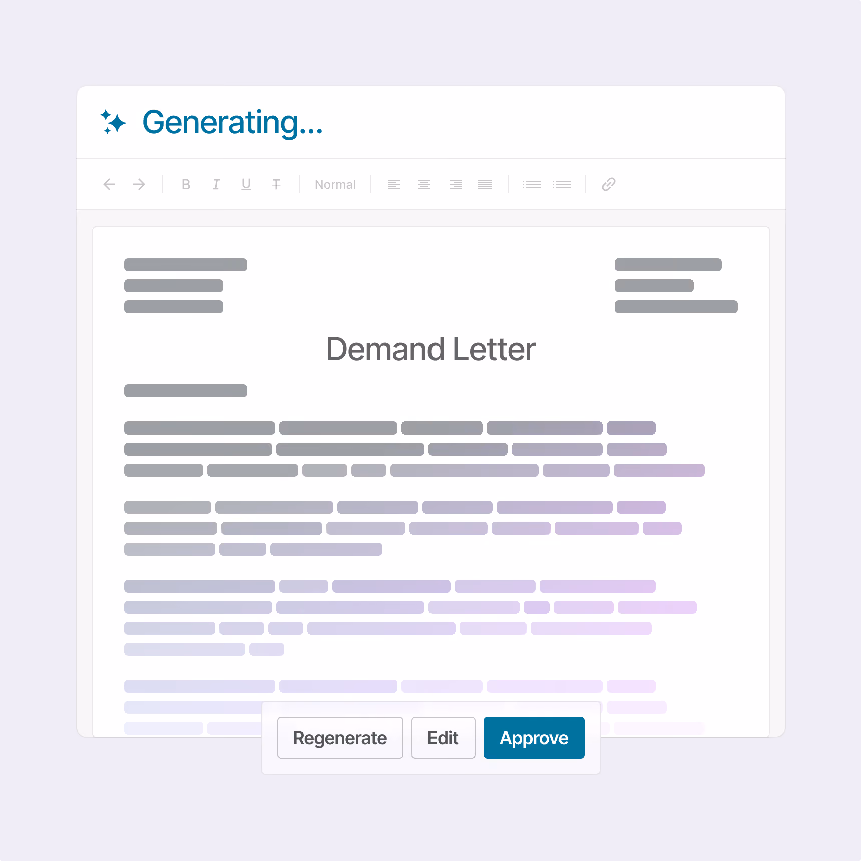 Interface showing a demand letter being generated with options to regenerate, edit, or approve.