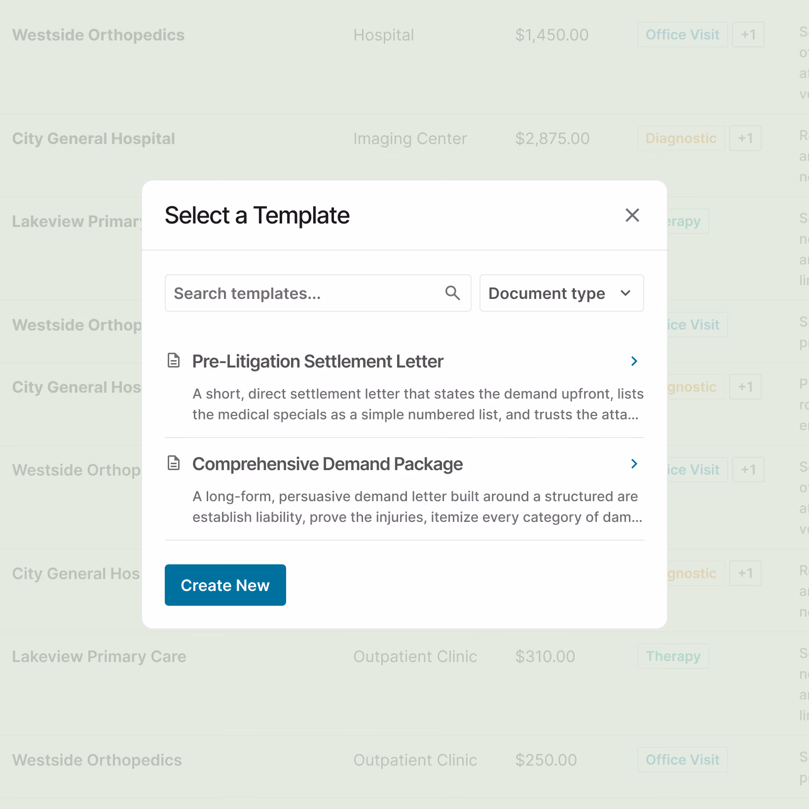 Popup window with options to select a document template including pre-litigation letter or comprehensive demand package.