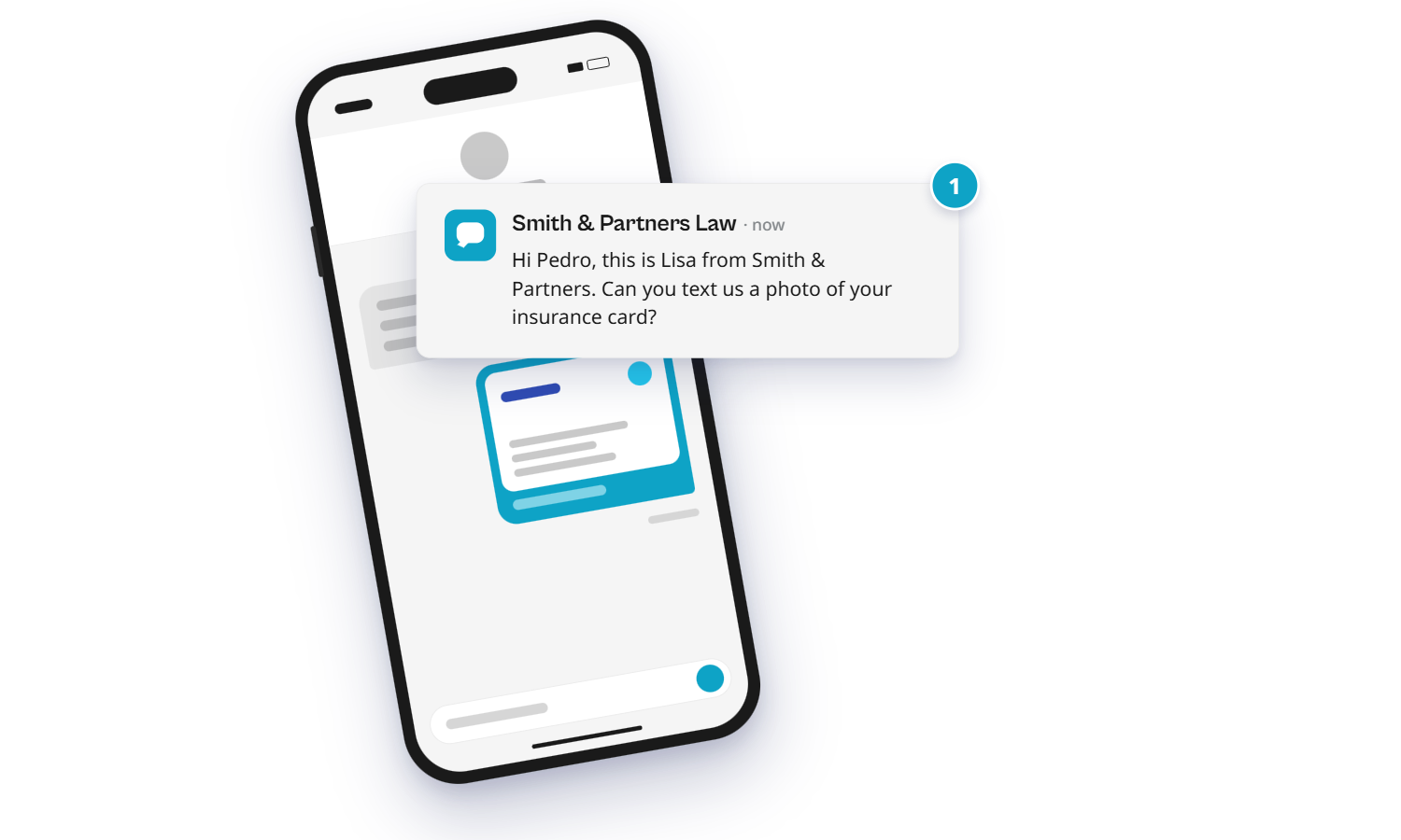 Phone showing a text from a law firm asking a client to send a photo of their insurance card