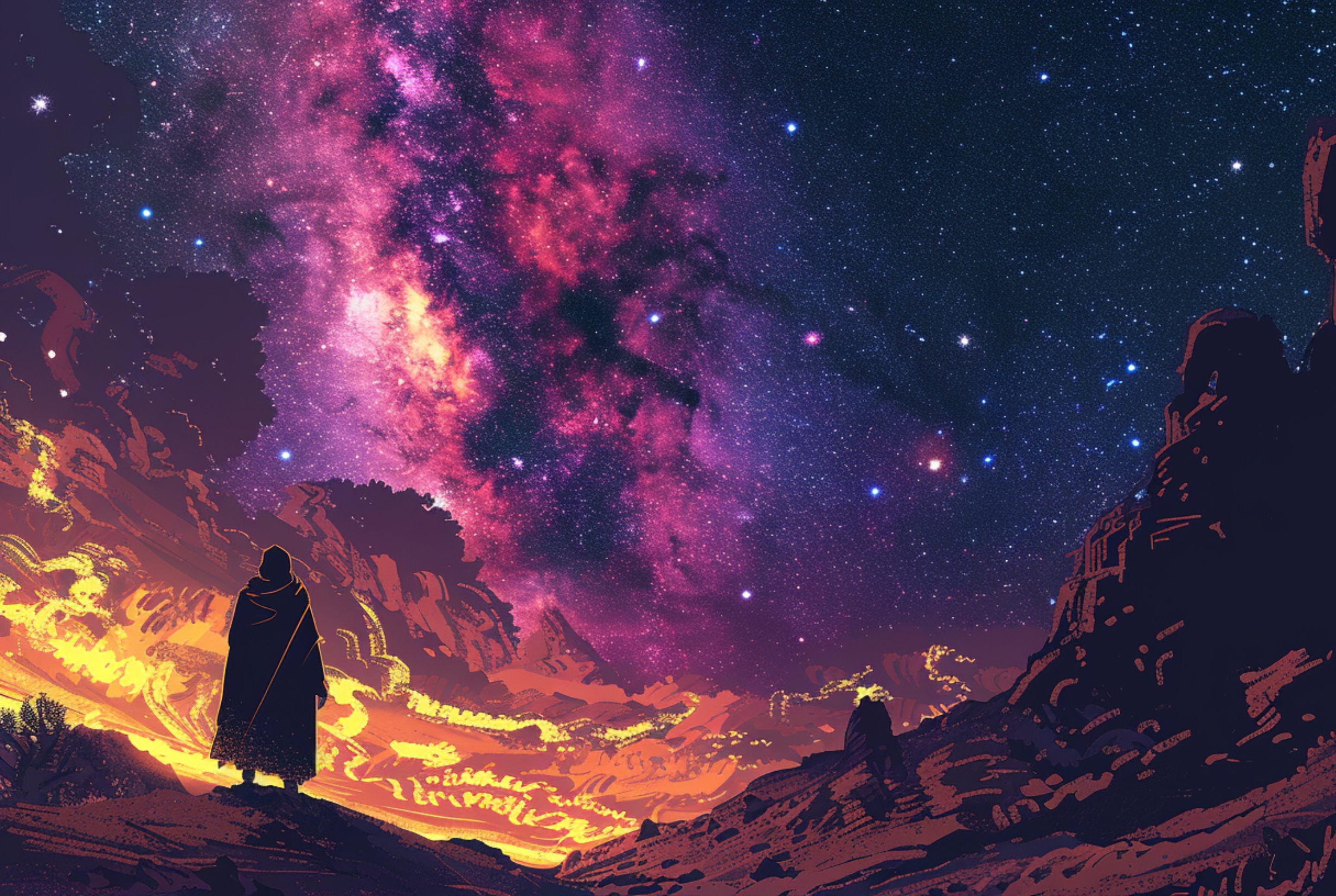 Silhouetted figure stands on rocky terrain beneath a vivid purple and pink starry night sky.