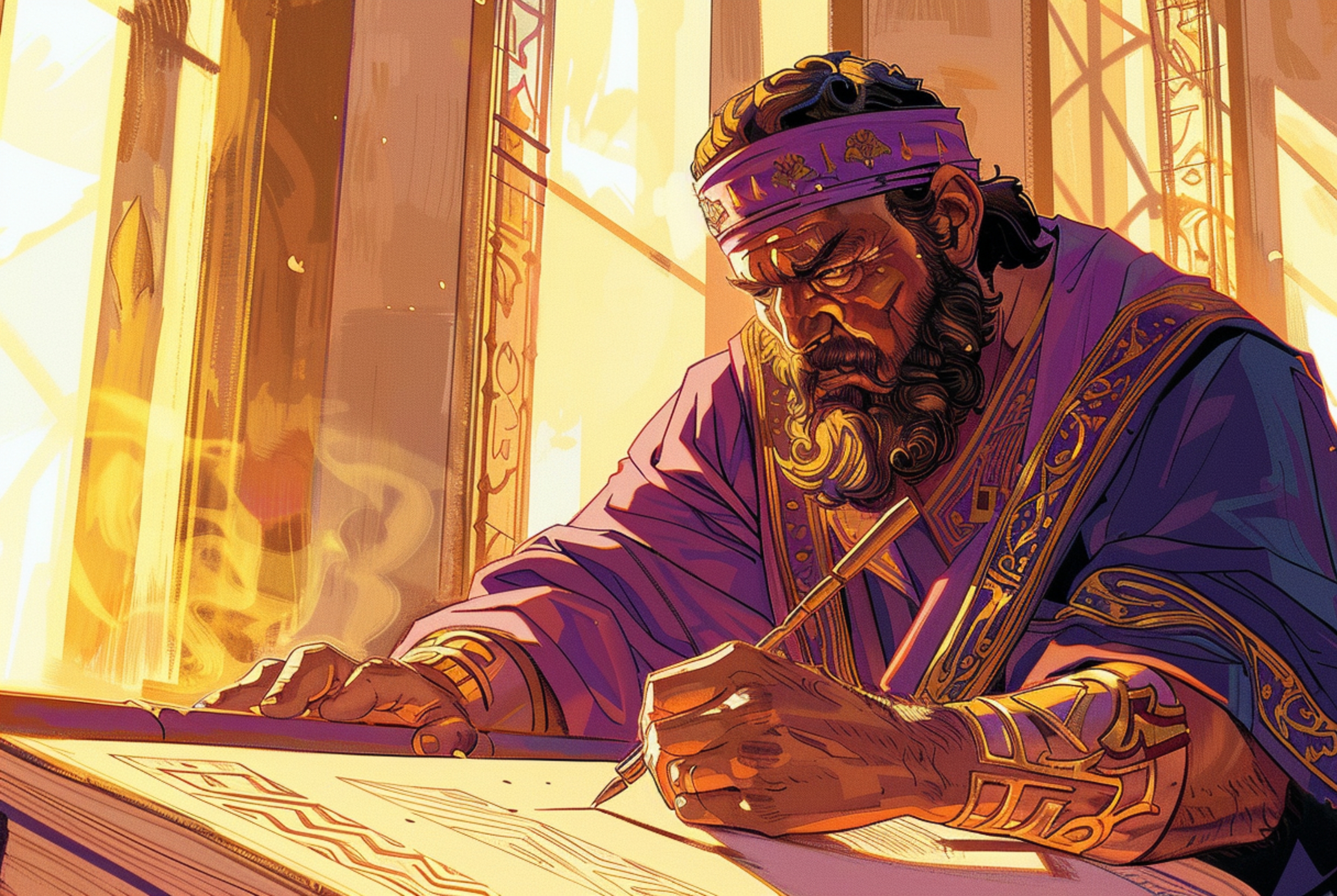 Bearded man in ornate robes and headband writing in a large book in warm sunlight.