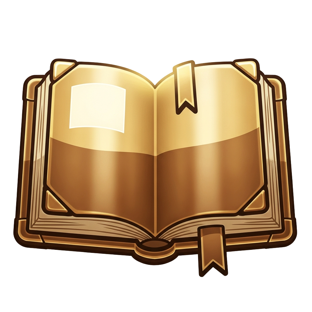 Glowing golden open book icon with two bookmarks on a checkered background.