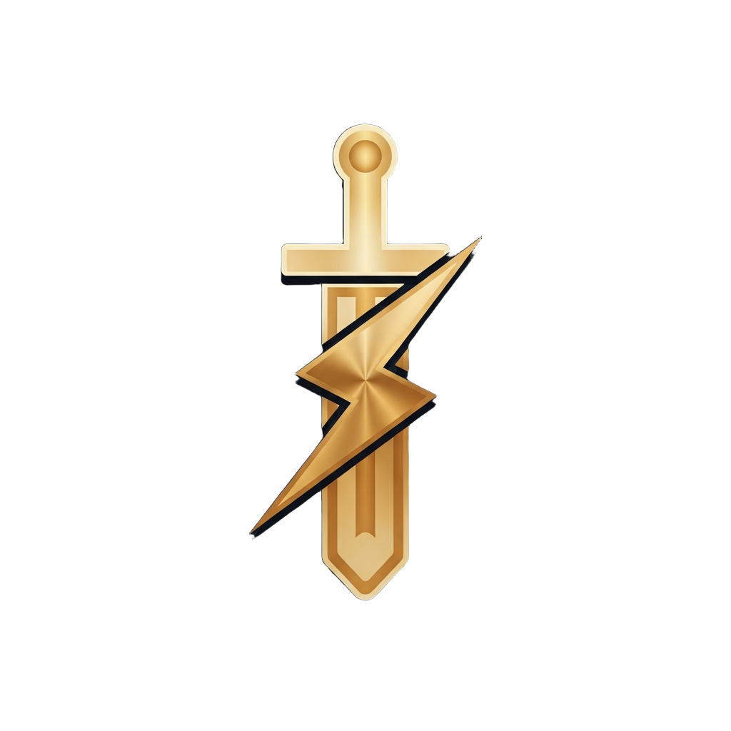 Golden sword with a lightning bolt crossing it on a dark background.