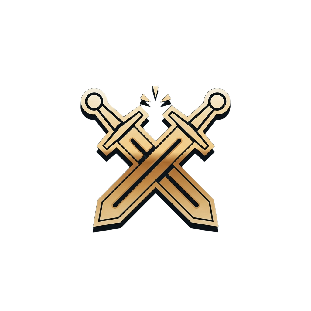 Gold icon of two crossed swords with spark shapes above the crossing point on a dark background.