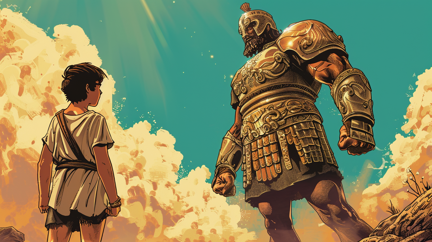 A young boy faces a giant armored warrior under a teal sky with golden clouds.