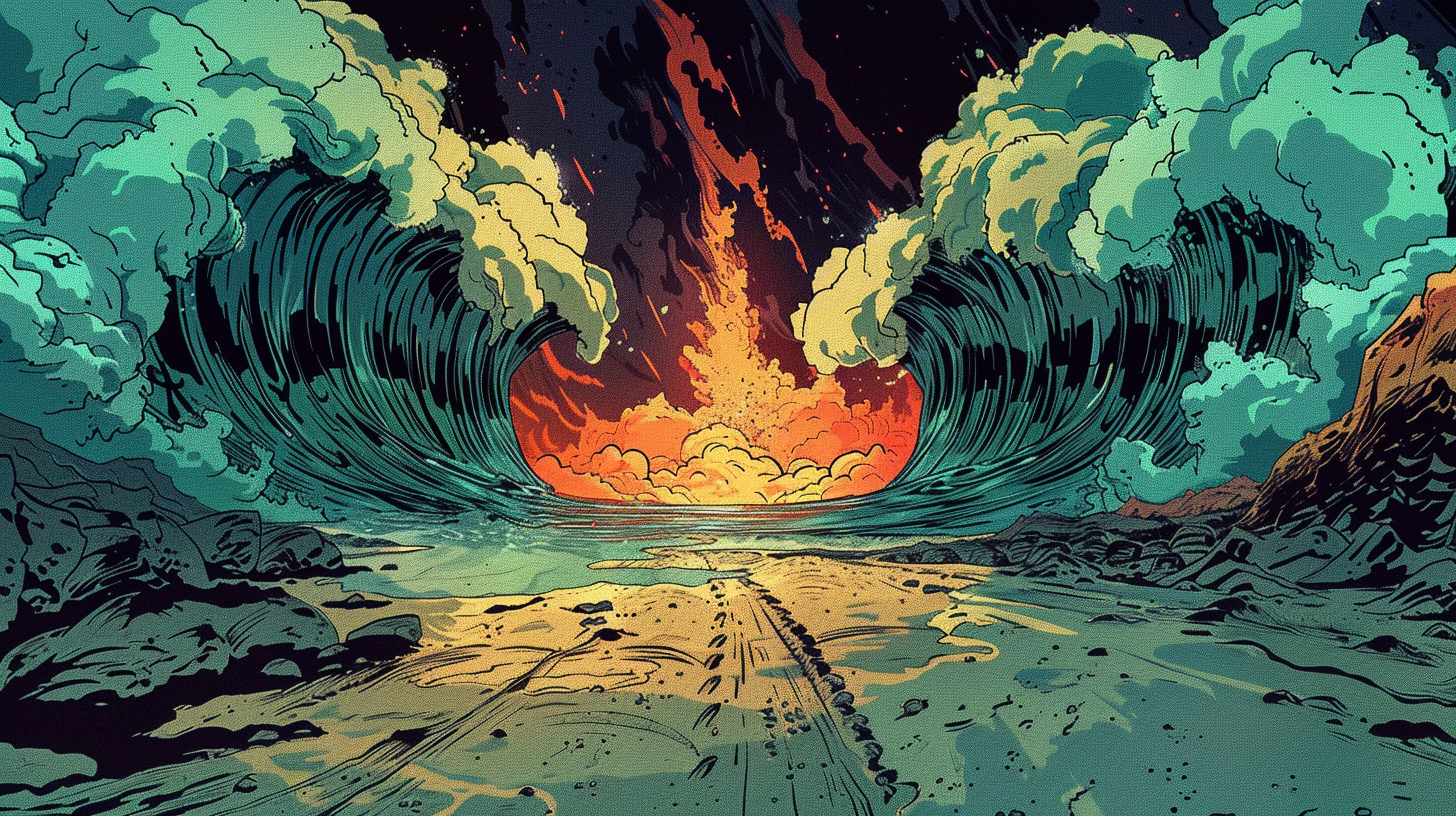 Illustration of two large ocean waves about to crash with an erupting fiery volcano in the background.