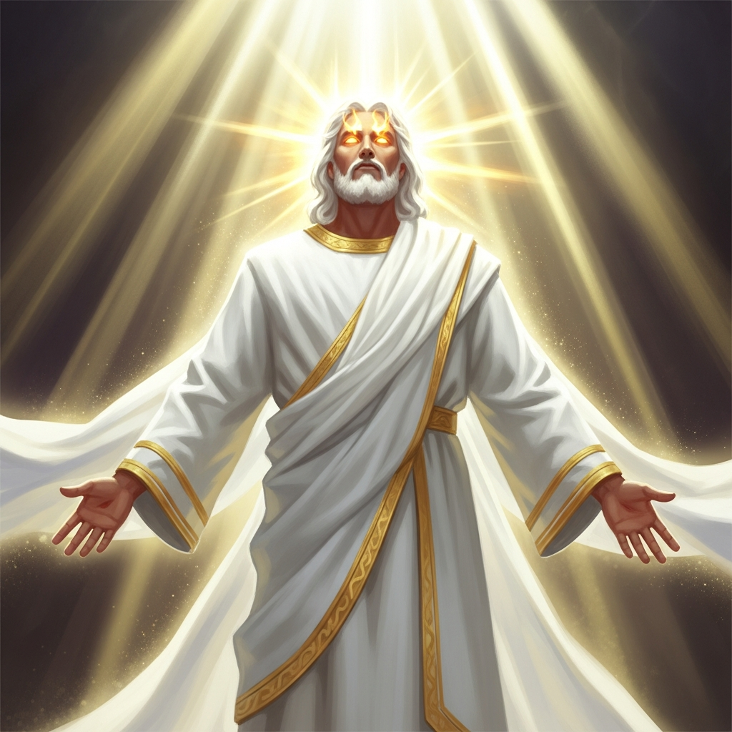 A glowing white-haired figure in white and gold robes with radiant golden eyes and light beams behind.
