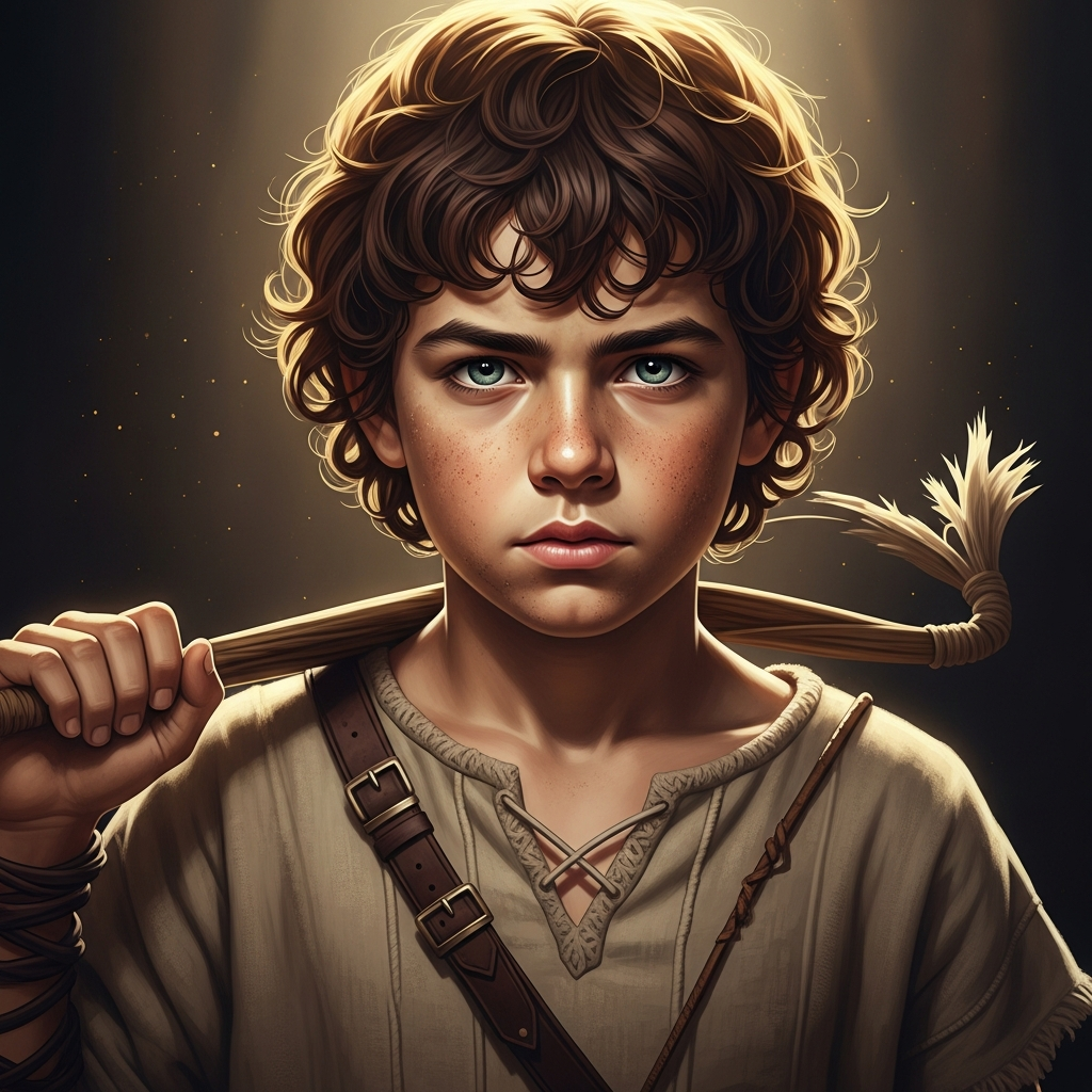 Curly-haired boy with blue eyes holding a wooden staff over his shoulder, wearing rustic clothing.