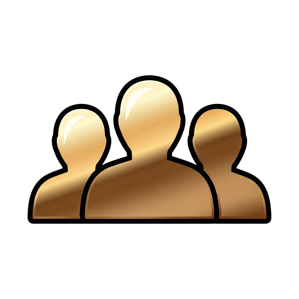 Three stylized gold human figures representing a group or audience.