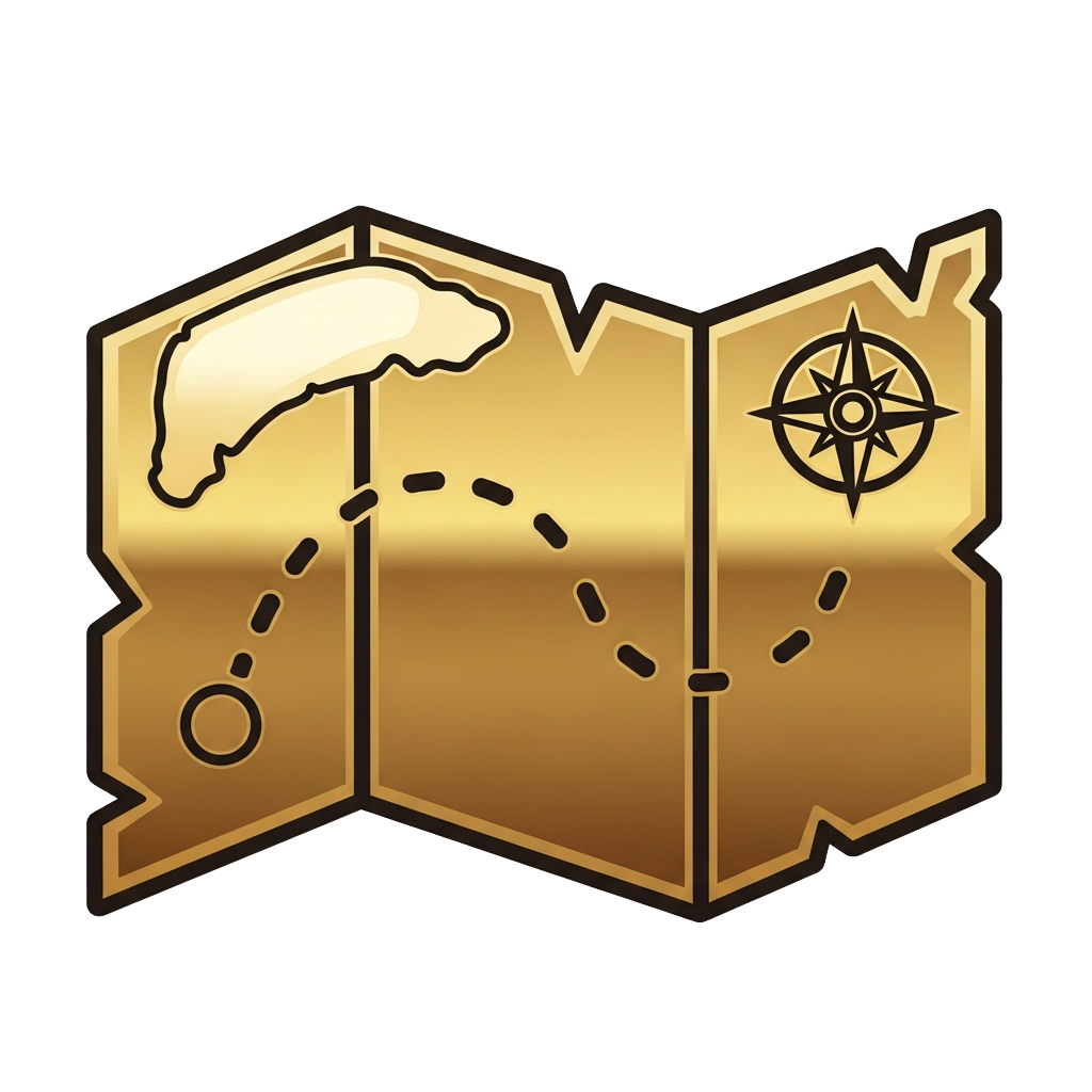 Golden treasure map icon with a compass rose and a dotted path to an island.