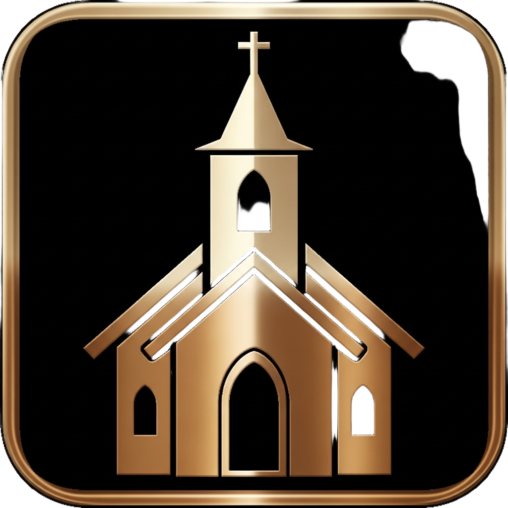 Gold church icon with a cross on top inside a rounded square frame on a black background.